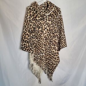 Chicos Leopard Animal Print Poncho Fringe One Size